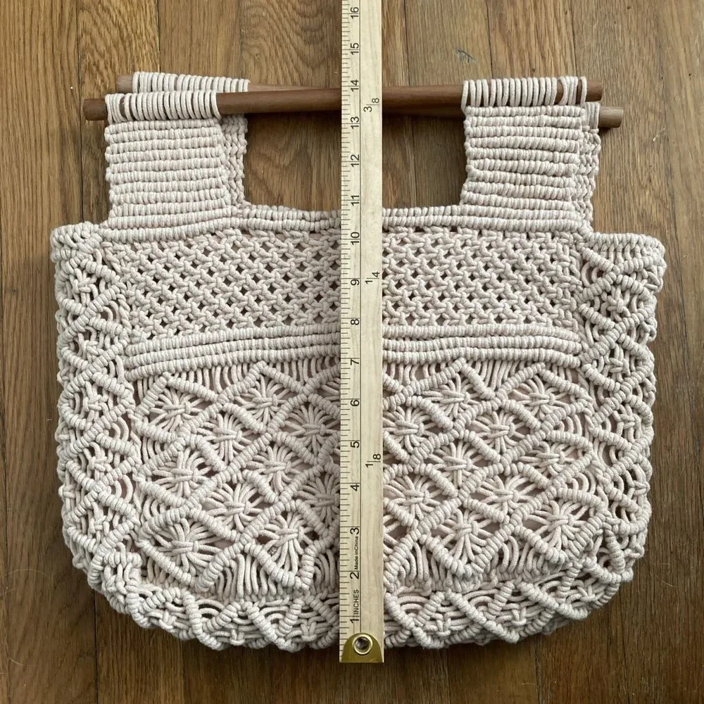 Shiraleah Crochet 'Om' Fold Clutch Purse Handbag Blush Wood Handle Boho Indie